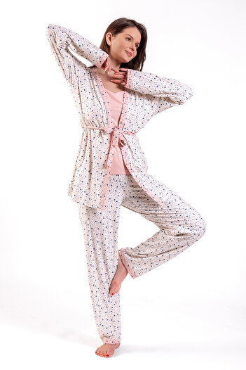 Ecrou Women's Ecru Patterned Dressing Gown Rope Suspender Trousers Set