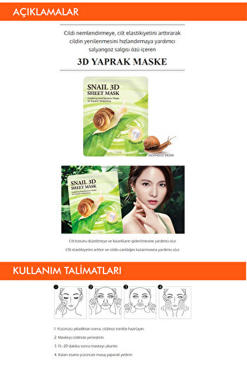 Missha Salyangoz Salgısı Özü İçeren Nemlendirici 3D Yaprak Maske Snail 3D Sheet Mask
