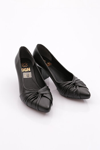 DGN K627 Women's Black Laser Low Heel Shoes - Pointed Toe and Drawstring Detail