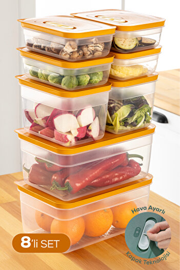 Vienev Adjustable Vegetable and Fruit Storage Container with 8 Air Ducts 4X(1.15 Lt) 2X(2.35-5 Lt) Orange