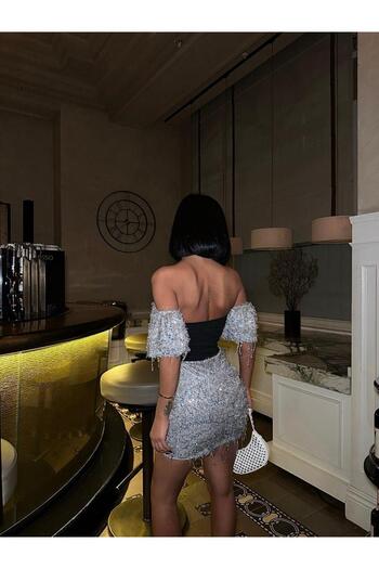 LOVE GO Sequin Detailed Off-The-Shoulder Mini Dress