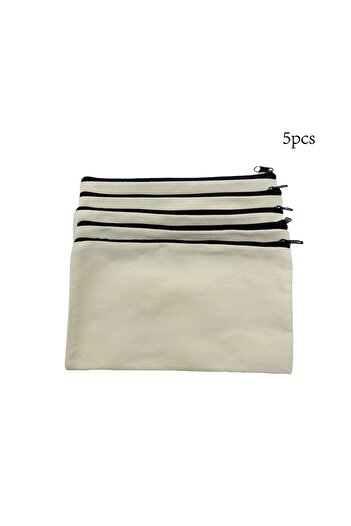 Choice 5pcs Beige 5pcs Blank Canvas Zipper Pouch Bulk, Makeup Bag Pencil Case For Cosmetic & DIY Crafts, In