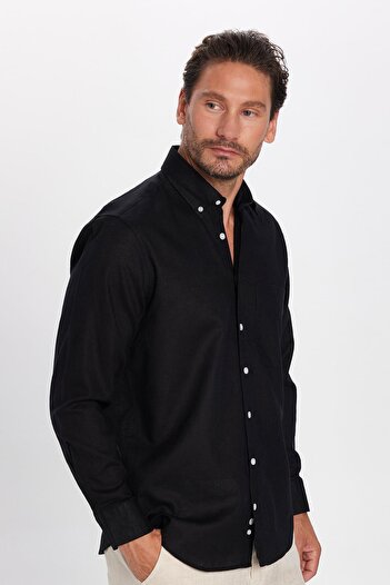 Tudors Men's Regular Fit Classic Cut Cotton Linen Texture Button Collar Black Shirt