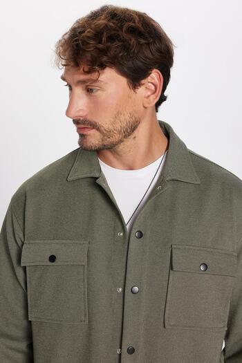 Tudors Men's Relax Fit Relaxed Cut Double Pocket Knitted Khaki Apache Collar Shirt
