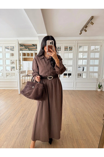 My Blog Brown Pocketed Shirt Skirt Linen Set - 8601