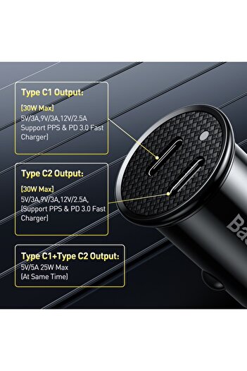 Baseus Dual Type C 30W USB Car Charger Quick Charge 4.0 3.0 FCP SCP USB PD For Xiaomi iPhone 12 13 1