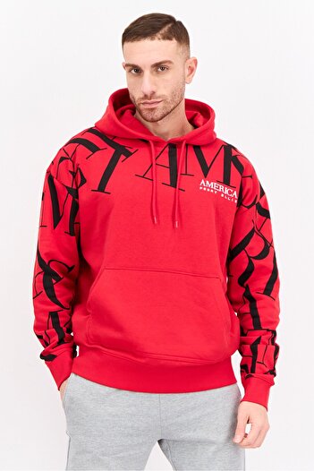 Perry Ellis Men Hooded Long Sleeve Embroidered Sweatshirt, Red Combo