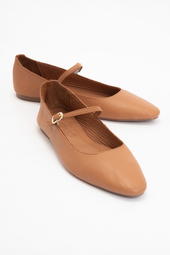 LuviShoes Lunaire Tan Genuine Leather Single Strap Pointed Toe Women's Ballerina Shoes