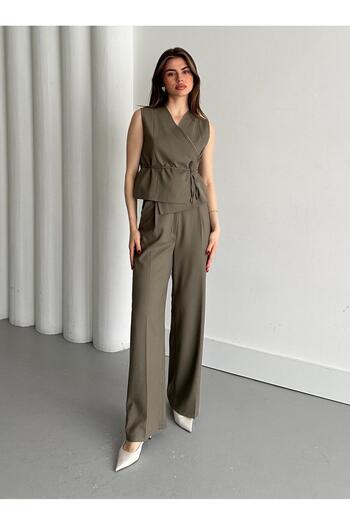 Laluvia Khaki Double Breasted Collar Vest Trousers Set - 8496
