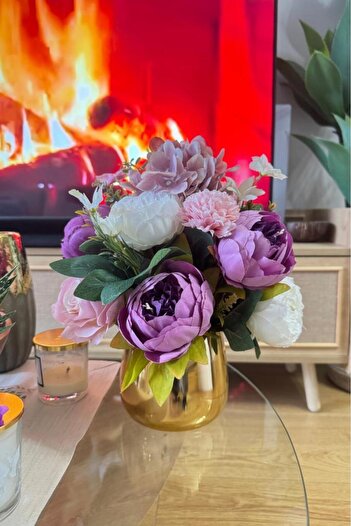 Nettenevime Artificial Flower Arrangement Gold Metal Vase Peony Rose and Chrysanthemum Hall Flower