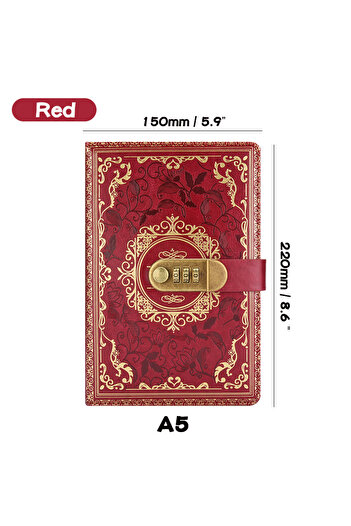 Choice Red Retro Digital Password Notebook Journal With Lock A5,Diary Perfect for Men and Women-PU Leather