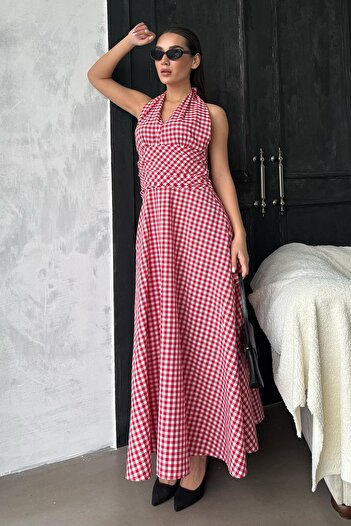 Madmext Red Plaid Midi Length Women's Dress Mg2350