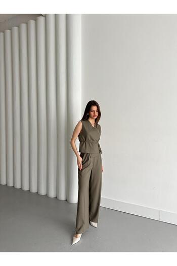 Laluvia Khaki Double Breasted Collar Vest Trousers Set - 8496