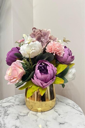 Nettenevime Artificial Flower Arrangement Gold Metal Vase Peony Rose and Chrysanthemum Hall Flower