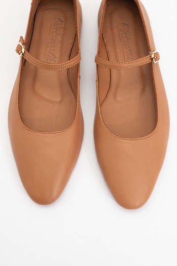 LuviShoes Lunaire Tan Genuine Leather Single Strap Pointed Toe Women's Ballerina Shoes