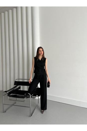 Laluvia Black Double Breasted Collar Vest Trousers Set - 8496