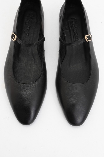 LuviShoes Lunaire Black Genuine Leather Single Strap Pointed Toe Women's Ballerina Shoes