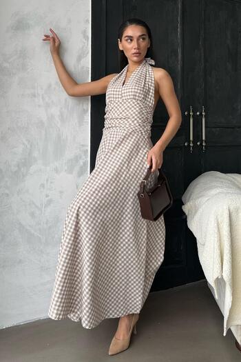 Madmext Beige Plaid Midi Length Women's Dress Mg2350