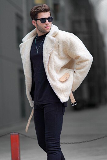 Madmext Beige Plush Biker Men's Jacket 6849