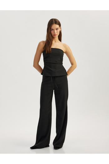 Koton Relaxed Fitting Straight Leg Trousers with Lace-Up Waist