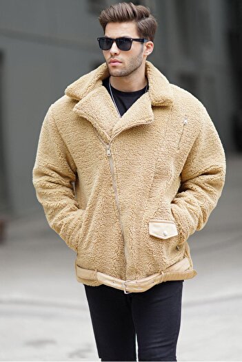 Madmext Camel Plush Biker Men's Jacket 6849