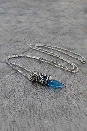 Chavin Dragon Blue Stone 75 cmLong Chain Men's Steel Necklace dm65