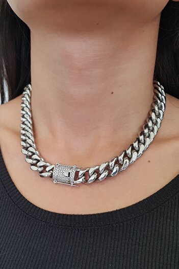 Chavin 46 cm. 14 mm. Taşlı Çelik Kadın Zincir Kolye ep08