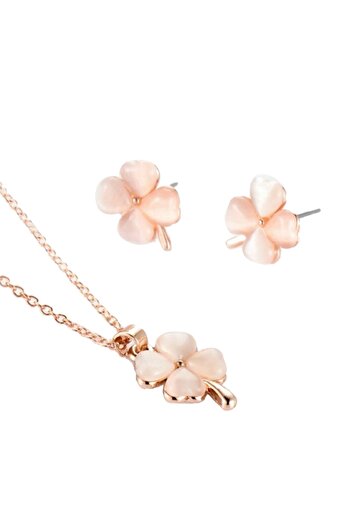 Chavin Leaf and Clover Stone Detailed Lucky Necklace and Earring Set - Cy13