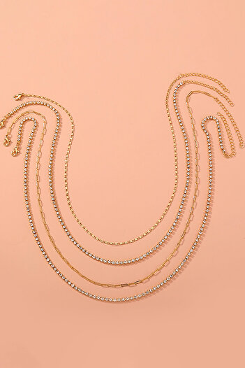 Chavin 2 Katmanlı Taşlı Gold Alloy Kadın Zincir Kolye en24