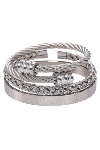 Chavin 3-Piece Braided Roman Numeral Handcuff Steel Men's Bracelet Eu25