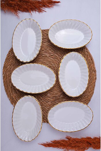 Home Set of 6 White Gilded Oval Breakfast Snack Bowls 15X10Cm