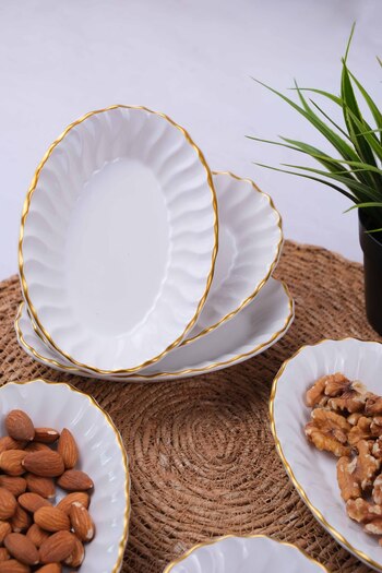 Home Set of 6 White Gilded Oval Breakfast Snack Bowls 15X10Cm