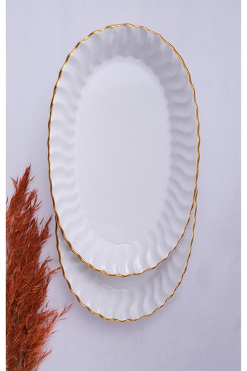 Home Set of 2 White Gilded Oval Boat Plates 25X15X4Cm