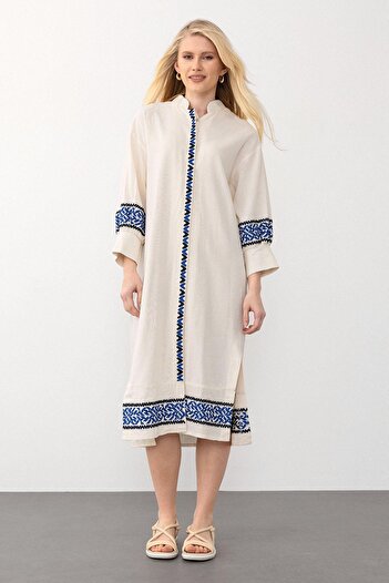 Olcay Side Slit Embroidery Poplin Dress Beige-Saks 9291-E