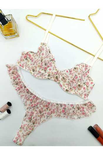 La Linaa Jasmin White Floral Print Thong Panty Bra Set