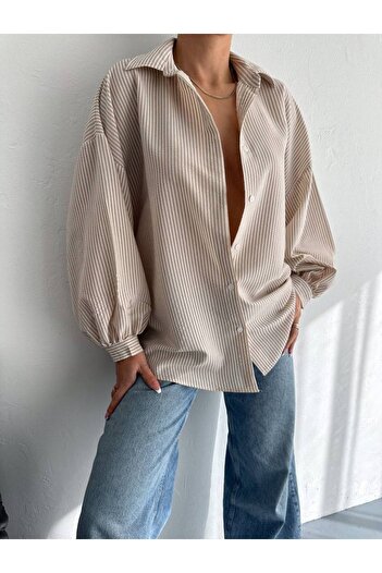 sportiness Balloon Sleeve Overize Stripes Shirt