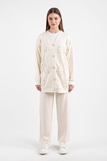 Bold Grup Women's Cream Scuba Tulle Flower and Pearl Buttoned Cardigan-Pants Hijab Set