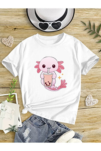 Let's Wear Buble Tea Anime Girl Compact Combed Crew Neck Tshirt for Kids