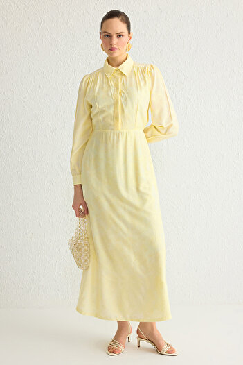 Trendyol Modest Light Yellow Jacquard Shirt Collar Woven Dress Tctss25Eb00009