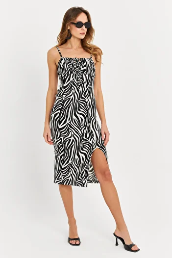 Cool & Sexy Women's Ecru-Black Strap Wrapped Midi Dress Kab302