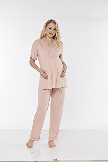 Fantasy 1115 Irene Powder Color Maternity Pajamas Set with Dressing Gown