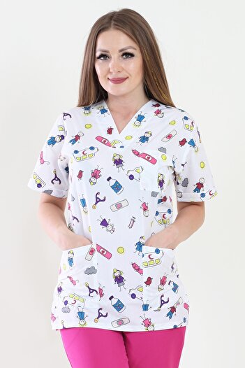 ModaCanel Fashionable Canel V-Neck Bandage Patterned Medical Jersey Top Jacket