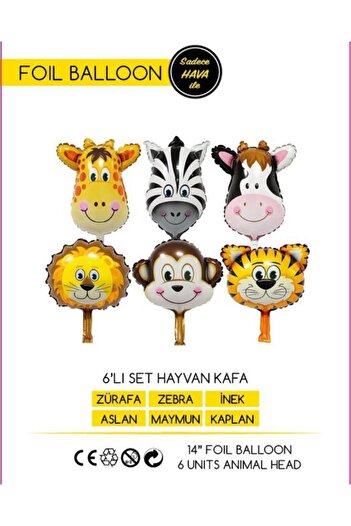 Parti dolabı 6 Adet 14'' 35cm Safari Set Folyo Balon Hayvan Seti Maymun-zürafa-zebra-aslan-inek-kaplan