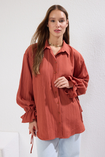 Trendyol Collection Tile Sleeve Lace Detailed Textured Woven Shirt TWOSS24GO00087