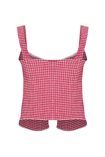 Trendyol Collection Red Gingham Square Pattern Stretchy Knitted Blouse with Binding Detail Twoss25Bz00234