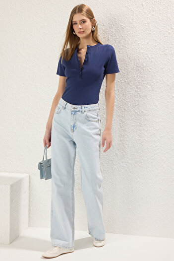 Trendyol Collection Navy Blue Button Crew Neck Short Sleeve Ribbed Stretchy Knitted Blouse Twoss25Bz00231