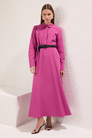 Trendyol Modest Φούξια υφαντό φόρεμα - Λεπτομέρεια ζώνης, TCTAW25EB00090