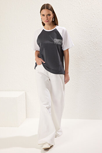 Trendyol Collection Anthracite Color-Blocking Slogan Relaxed Fit Cotton T-Shirt - Twoss24Ts00134