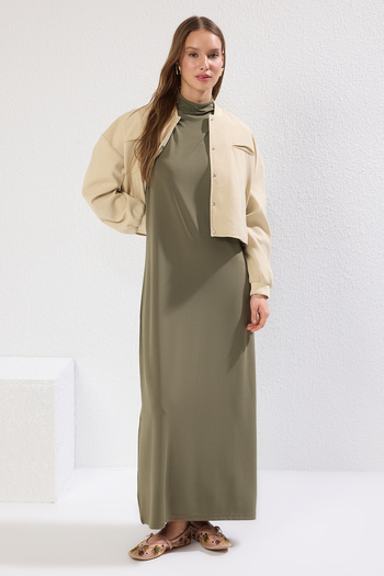 Trendyol Modest Khaki Knitted Diving Dress with Scuba Fabric - Sleeveless Lining, Tctss24Eb00230
