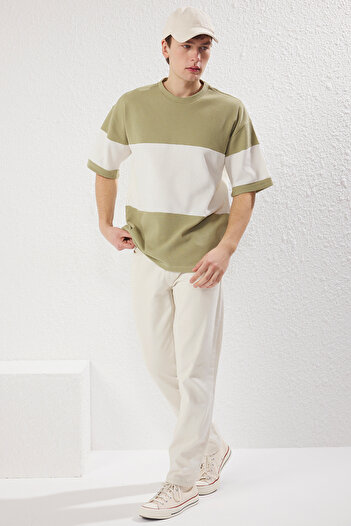 Trendyol Collection Mint Oversize/Wide Cut Color Block Textured 100% Cotton T-Shirt Tmnss25Ts00065